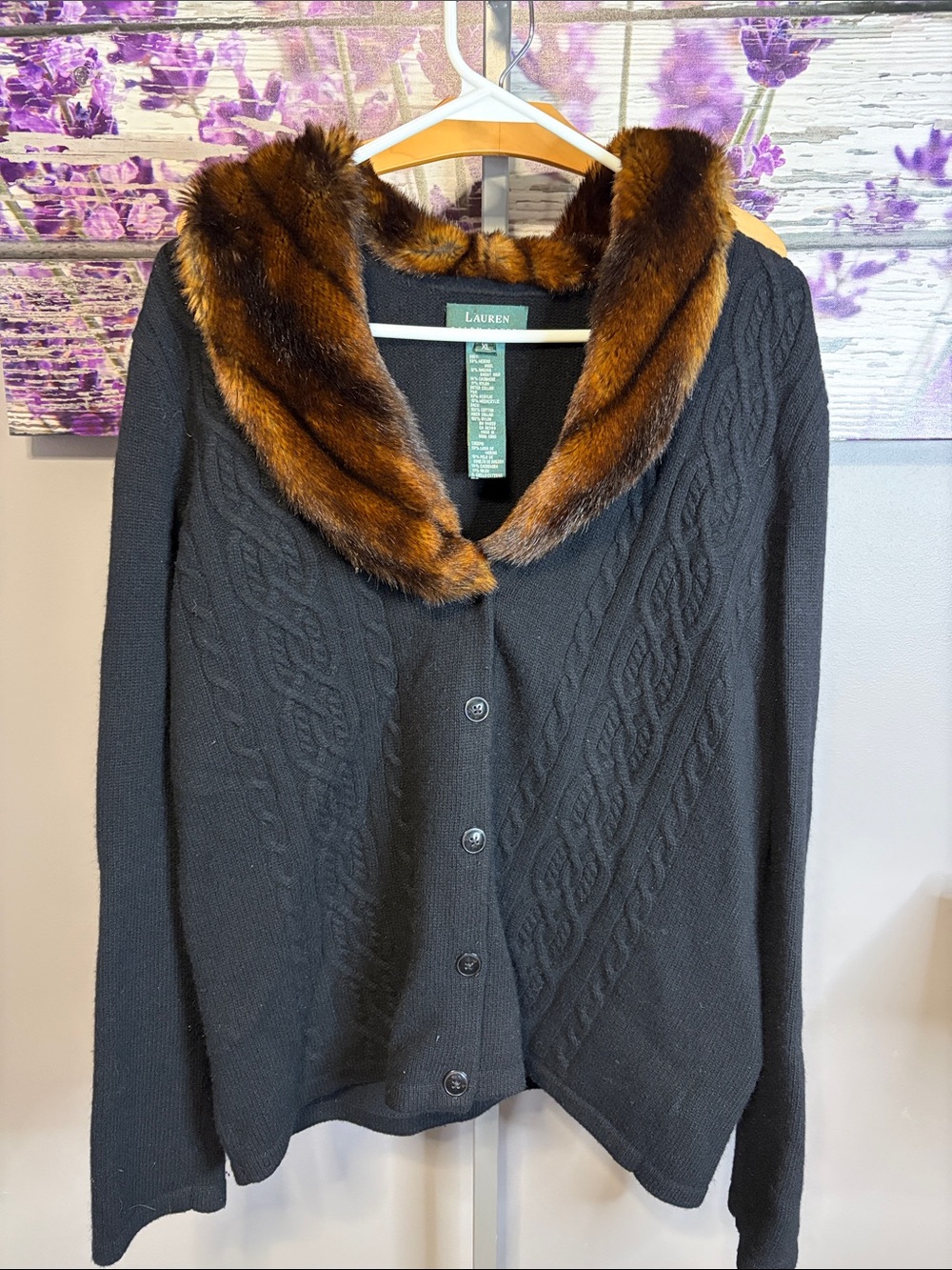 Lauren Ralph Lauren Black Button Cardigan with Brown Angora Rabbit Hair Collar